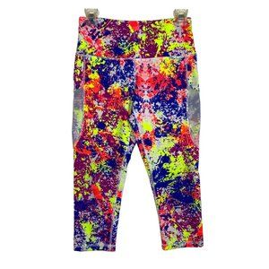 TLF Take Life Further Neon Paint Capri Crop Leggings Pockets Sm Athletic Workout